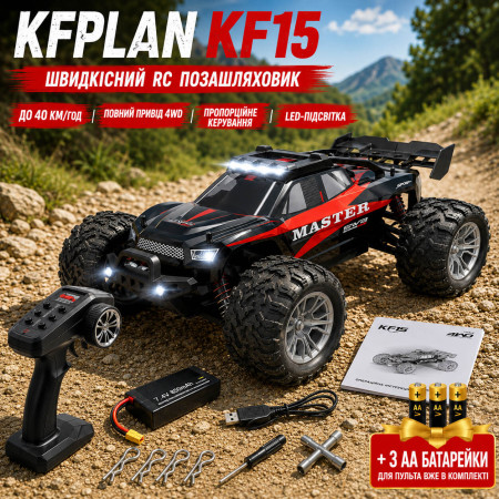 Машинка на радиоуправлении KFPLAN KF15 1:16 Black — RC внедорожник 4WD с усиленной металлической трансмиссией, независимой подвеской, LED-подсветкой, до 20 минут, до 90 м, до 40 км/ч
